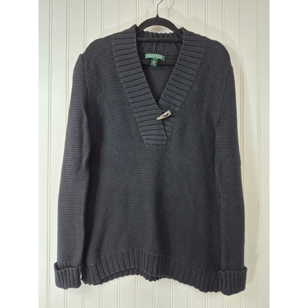 Lauren Ralph Lauren Black Cotton Knit Toggle V-Neck Sweater Womens Large Preppy